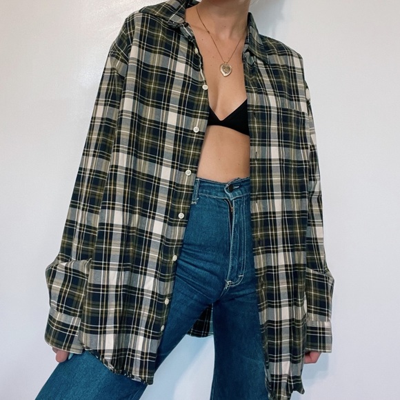 Vintage Tops - VINTAGE | Cashmere Plaid Oversized Slouchy Button Down Flannel Shirt Top